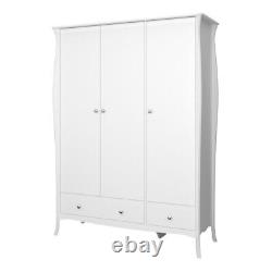 Grande armoire triple à 3 portes avec 2 tiroirs, étagères, rail à vêtements noir, gris et blanc.