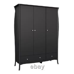 Grande armoire triple à 3 portes, noire, haute, avec 2 tiroirs de rangement, des étagères et une tringle à vêtements.