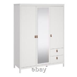 Grande armoire triple blanche à 3 portes avec étagères à miroir, penderie et 2 tiroirs