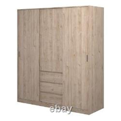 Grande armoire triple en chêne avec portes coulissantes, 3 tiroirs, étagères, barre de suspension et rangement