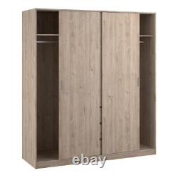 Grande armoire triple en chêne avec portes coulissantes, 3 tiroirs, étagères, barre de suspension et rangement
