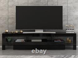 Meuble télévision moderne avec portes noires laquées, grande unité avec éclairage LED et 2 tiroirs
