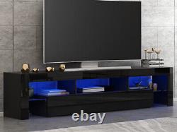 Meuble télévision moderne avec portes noires laquées, grande unité avec éclairage LED et 2 tiroirs