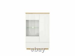 Moderne White Gloss & Oak Grand Affichage De Verre Cabinet Led Unité De Buffet Léger Erla