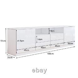 Unité de rangement TV large de 180cm Cabinet Blanc Brillant Stand TV avec lumières LED